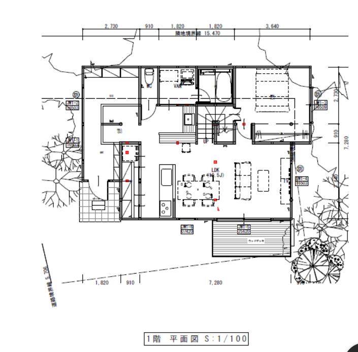 築47年戸建てフルリノベーションした後のリビング・キッチンの1階平面図面